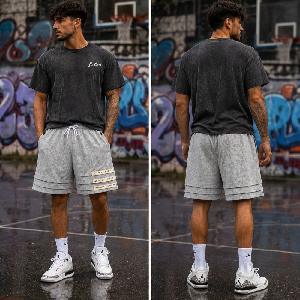 Bristol Studio Shorts Mens XL‎ Grey Mesh Tiered Basketball Shorts Made In USA XL
